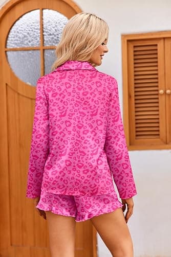 Ekouaer Womens Satin Pajama Sets Long Sleeve Top and Shorts Lounge Set Button Down Sleepwear thumbnail 5
