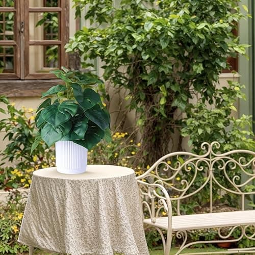 HOFMEFY Artificial Monstera Potted Plant Realistic Fake Plants Home Greenery Table Decor with White Ridged Plastic Pot 31CM Tall Fake Tropical Palm Tree Bigger Leaves - 10in thumbnail 7