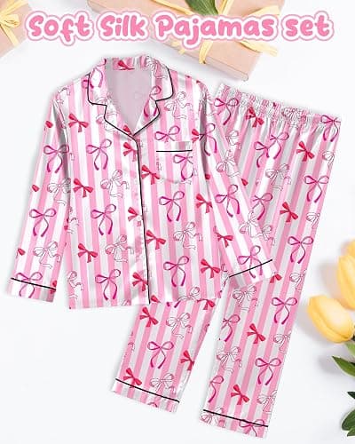 Sylfairy Girls Pajamas Silk PJS Set Satin Sleepwear Long Sleeve Jammies for Kids Button-Down Nightwear Loungewear 3-16 Years thumbnail 5
