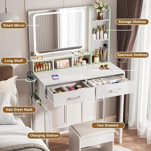 Small Vanity Desk, Vanity Desk with Mirror and Lights, Makeup Vanity Desks with Power Strip, Vanity Table with Drawers and Shelves, Adjustable Lighting, Dressing Table for Bedroom Dressing Room, White thumbnail 5