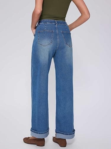 Vinova Womens Wide Leg Baggy Jeans Stretchy Folded Hem Cuffed Boyfriend Denim Pants Trendy Straight Leg Trouser Jeans thumbnail 5