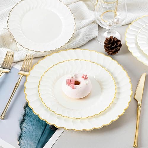 Lullaby 96PCS Ivory Scalloped Plastic Plates with Gold Rim, Disposable Elegant Plates Include 48pcs Dinner Plate 10.25", 48pcs Dessert Plate 7.5", Perfect for Daily Use, Wedding and Party thumbnail 2