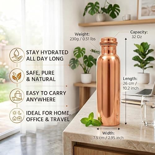 CuPure Pure Copper Ayurvedic Water Bottle Health Benefits|Leak-Proof, Ideal for Home, Office,Gym & Yoga-32 Oz-Copper thumbnail 4