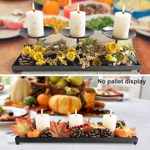 flangairy 3 Pillar Black Metal Candle Holders for Table Centerpiece, Fall Thanksgiving & Halloween Dining Table, Fireplace Mantel Decor, Tray Candlestick for Living Room Rustic Decorations thumbnail 7