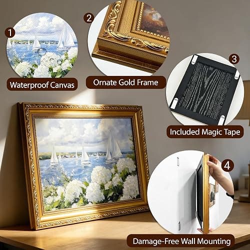 Hydrangea Sailboat Coastal Wall Art Canvas Print, Gold Ornate Framed Ocean Nautical Artwork Ready to Hang for Beach House Living Room Bedroom Bathroom Wall Decor 16x24 Inch thumbnail 2