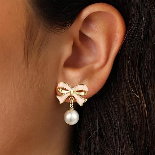 JIAOGE Easter Gifts for Kids Teen Girls - Gold Earrings for Women Girls Bow Earring Jewelry Huggie Hoop Stud Earrings Hypoallergenic CZ Pearl Drop Bow Earring Gifts for Girls Wedding Birthday Gifts thumbnail 2