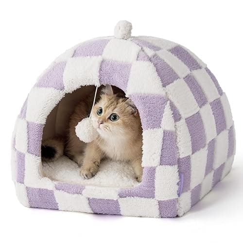 Lesure Cute Cat Beds for Indoor Cats - 2 in 1 Cat Cave Bed for Kittens and Small Pets with Removable Washable Cushioned Pillow, Cozy Kitten with Non-Slip Bottom, Purple, 16 inches - Image 1