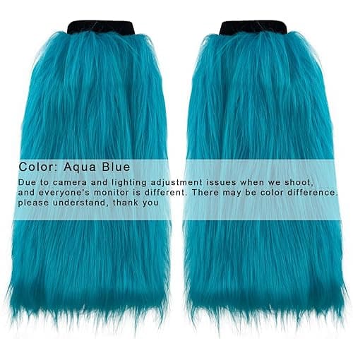 FHQHTH Fuzzy Faux Fur Leg Warmers Fur Heels Long Boots Cuff Cover has Elasticity One Pair Dionysia Boot cover Carnival 18" - Aqua Blue thumbnail 2
