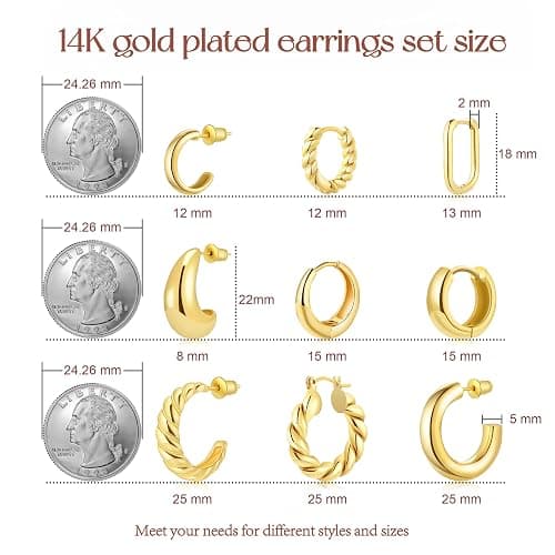 IDJEOABL Gold/Silver/Rose Gold Hoop Earrings Set for Women Non Tarnish | 14K Gold Plated Trendy Chunky Small Huggie for Sensitive Ears Jewelry Twisted Hypoallergenic Waterproof Lightweight Pack thumbnail 2