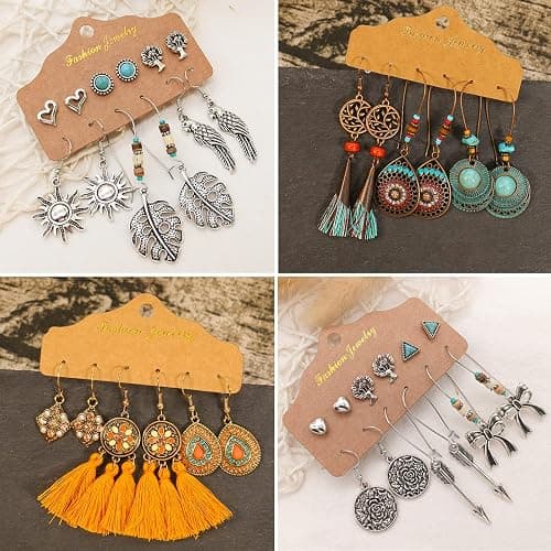 JMScape 45 Pairs Boho Vintage Drop Dangle Earrings Set for Women, Fashion Bohemian Earrings National Style Tassel Eardrop Hollow Bronze Waterdrop Leaf Jewelry for Valentine's Day Gifts thumbnail 5