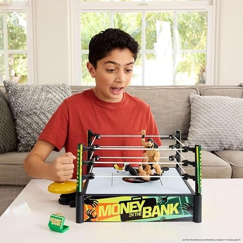 Mattel WWE Money in The Bank Cash-in Ring Playset with 2 Play Modes & 40+ Sounds & Phrases, Includes Launcher Crane, Ladders & Briefcase, 13-Inch x 20-Inch thumbnail 2