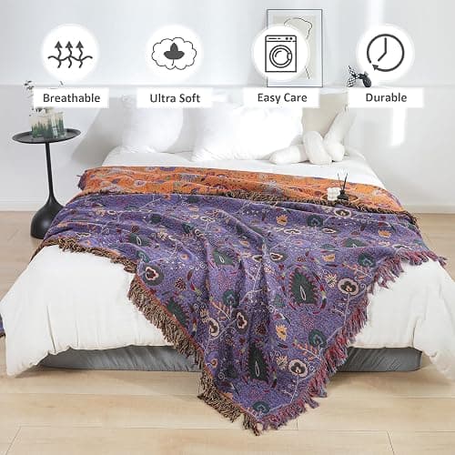 Boho Throw Blanket for Bed 100% Cotton Ultra Soft Rustic Quilt Farmhouse Decor Bed Fall Blanket,All Season Rustic Throw for Sofa Couch Chair (Flower-Purple, 60"×80") thumbnail 4