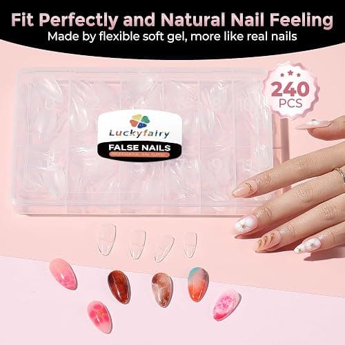 Luckyfairy Medium Almond Nail Tips, 240pcs Soft Gel Pre-Filed Acrylic Almond Fake Nails, Half Matte Full Cover Clear Press on Flase Nail Tips for Nail Extension Home DIY 12 Sizes Gelly Tips thumbnail 8