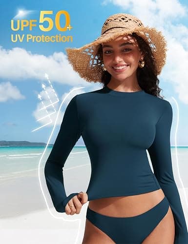 CRZ YOGA UPF 50+ Cropped Rash Guard Shirts | Slim fit, Crop length, Long Sleeve, Swim, UV Sun Protection Rashguard for Women thumbnail 4