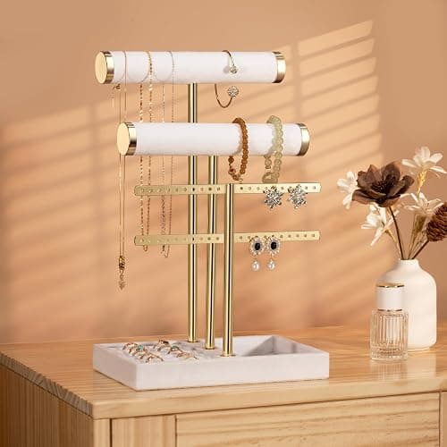 Josmimic Schmuck Organizer mit 3 Ebenen - Weiß Schmuckständer Armbänder, Abnehmbarer T-Steg Schmuck Ständer, Samt-Armbandhalter, Schmuckhalter für Armband, Halskette, Uhren, Ringe thumbnail 5
