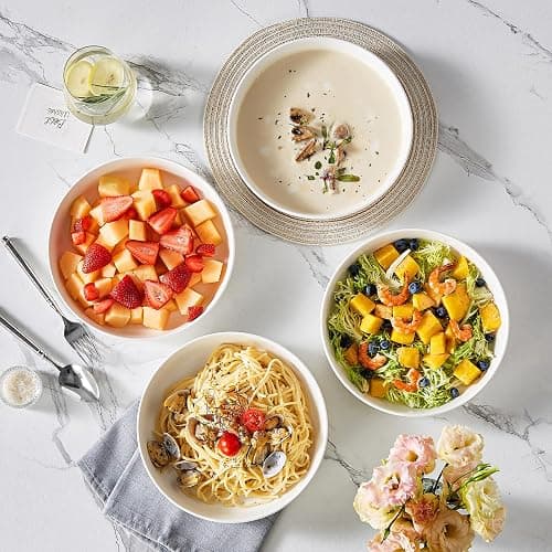 MALACASA 48 Oz Pasta Bowls Set of 4, 9 Inch Salad Bowls, White Ceramic Serving Bowls for Kitchen, Microwave & Dishwasher Safe, Series LUNA, White thumbnail 5