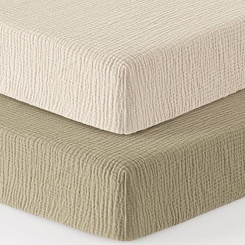Bearmoss Muslin Crib Sheets 100% Cotton Baby Crib Sheets Fitted for Standard Crib Mattress & Toddler Bed Mattress 52"x28" Soft Breathable Crib Sheet Neutral for Boys Girls - 2 Pack (Oat Latte) thumbnail 8