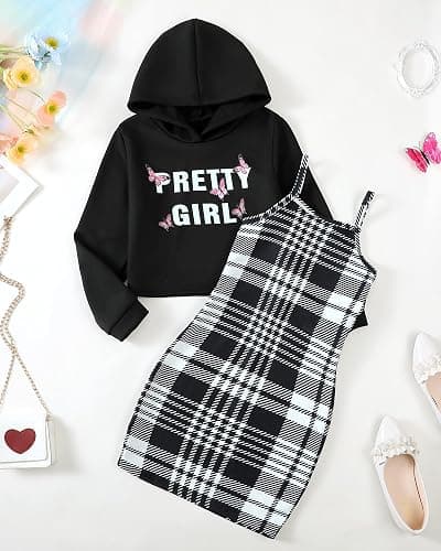 YOURUIKEY Girls 2 Piece Outfits Cami Dresses Hoodie Clothing Set Plaid Bodycon Dress Crop Top Sweatshirt Fall Winter Clothes thumbnail 3