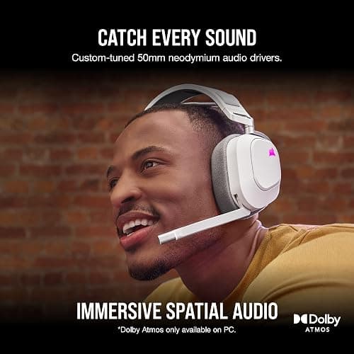 Corsair HS80 RGB Wireless Multiplatform Gaming Headset - Dolby Atmos - Lightweight Comfort Design - Broadcast Quality Microphone - iCUE Compatible - PC, Mac, PS5, PS4 - White thumbnail 3