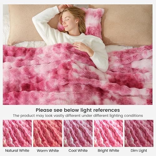 Cozy Bliss Faux Fur Throw Blanket for Couch, Bubble Plush Blanket Queen Size, Fuzzy Soft & Thick Blanket for Bed Sofa Living Room, 90x90 Inches Tie-dye Pink thumbnail 9
