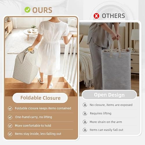 STORAGE MANIAC 2-Pack Large Laundry Hamper, 100L (26.4 Gal) Collapsible Laundry Basket with Bamboo Handles, Freestanding Waterproof Clothes Hamper for Laundry Room, Bedroom, Dorm, Towels, Stripe thumbnail 8