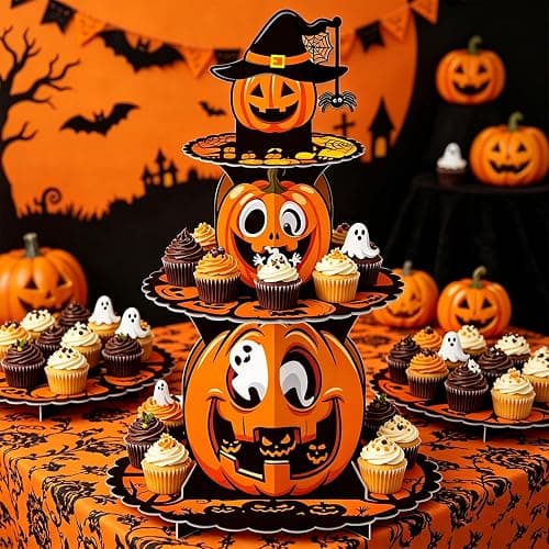3 Tier Halloween Cupcake Stand - Cardboard Pumpkin Dessert Display Holder | Cupcake Tower for Spooky Party Table, Haunted House Treats, Trick-or-Treat Setup, and Halloween Decorations thumbnail 6