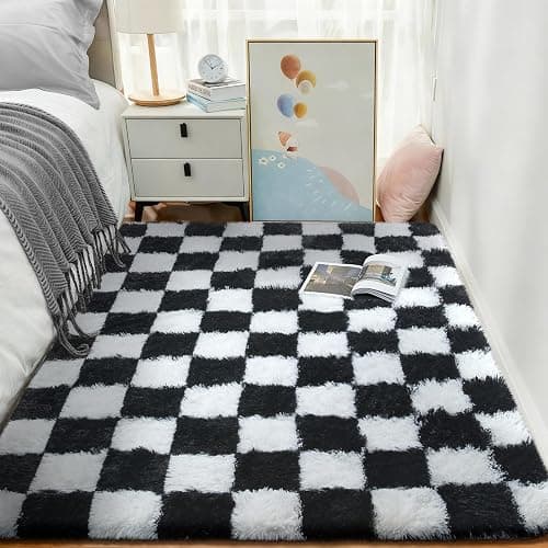 Ophanie Checkered Black & White Rug for Living Room Bedroom, Fluffy Soft Cute Fuzzy Area Rugs, Shag Plush Shaggy Bedside Floor 4x6 Furry Carpet for Kids Baby Teen Dorm Nursery Home Decor Aesthetic thumbnail 5