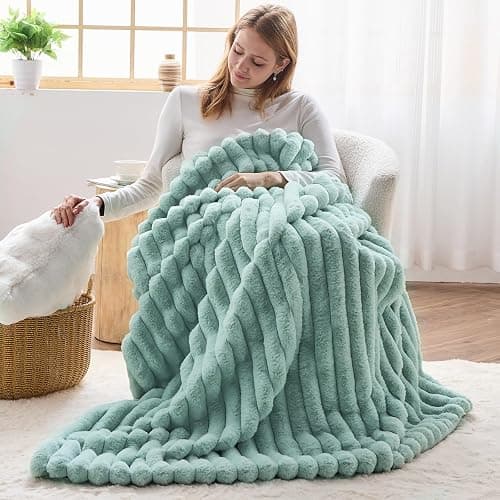 NEWCOSPLAY Super Soft Throw Blanket New Sage Green Premium Silky Flannel Fleece 3D Ribbed Jacquard Lightweight Bed Blanket All Season Use (New Sage Green Ribbed, Throw(50"x60")) thumbnail 2