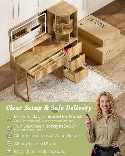47" Makeup Vanity Desk with LED light and HD mirror, Walnut vanity table | 360 Rotating Storage Shelf, 28" Custom Divider Drawer, Built-in Power Hub,Ideal Gift for daughter and yourself in bedroom thumbnail 8
