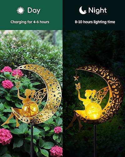 Vuees Solar Garden Statues Outdoor Decor, Fairy Moon Figurine Light Stake, Housewarming Ornament for Patio, Lawn, Yard, Pathway - Unique Gift Ideas for Gardening Mom Grandma thumbnail 6