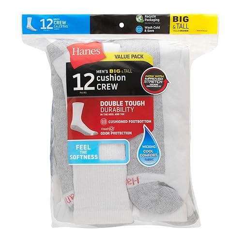 Hanes Men's Double Tough Socks, Crew and Ankle Moisturing Wicking Socks, Black & White, Multi-Packs thumbnail 6