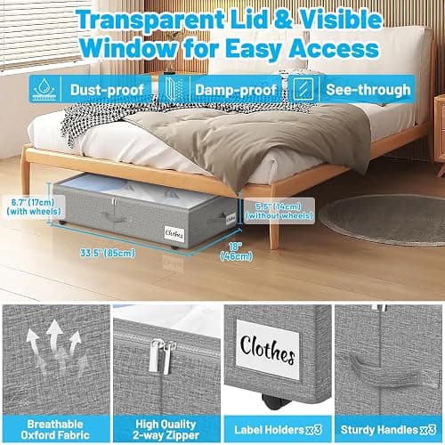 Under Bed Storage with Wheels, 2-Pack 6.7" Height XL 50L Rolling Storage Bins, Quick Assembly Underbed Shoe Storage Containers with Clear Lid & Label, Dorm Under bed Drawers for Clothes, Shoes, Grey thumbnail 3