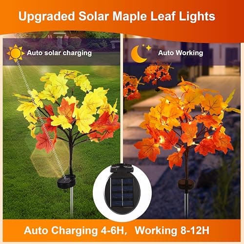 2 Pack Solar Fall Lights for Outside, Fall Décor 40LED with Maple Leaf Solar Stake Lights Outdoor, Waterproof Fall Lights for Yard Pathway, Halloween Thanksgiving Christmas Decorations - Maple Leaf, Orange thumbnail 4