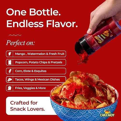 CHILEMOY Fuego Powder, Mexican Chili Snack Seasoning, 5.25 oz | Shake on fruit, chips, popcorn, elote and wings. Bold tangy chili heat in a controlled sprinkle cap. thumbnail 9