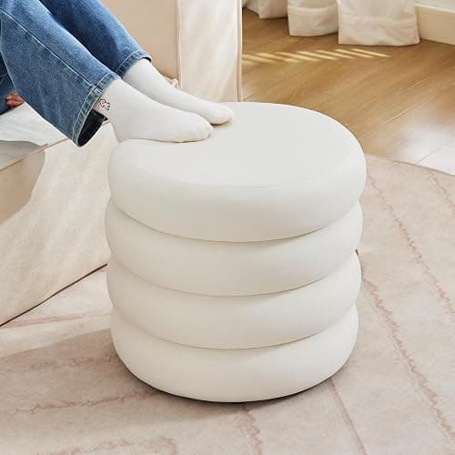 Zibeths Round Velvet Storage Ottoman with Removable Lid, Small Tufted Vanity Stool for Dorm, Modern Compact Footrest for Bedroom Entryway Lounge, White thumbnail 9