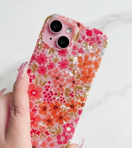 Qokey for iPhone 14/13 Case 6.1 inch,Cute Flower Design for Women, Shell Pattern Soft Bumper Lightweight Slim Fit TPU Shockproof Phone Cover,Pink Floral thumbnail 4