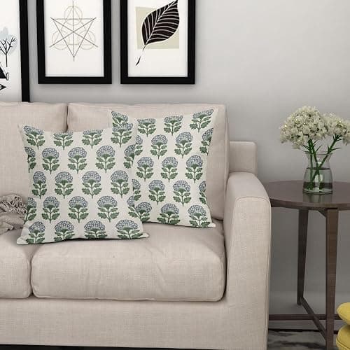 Aytipun Blue Green Floral Block Print Pillow Covers 18x18 Set of 2 Flower Pattern Cream Spring Summer Decorative Throw Pillowcases Outdoor Rustic Farmhouse Cushion Cases Decor for Home Couch Sofa Bed thumbnail 7