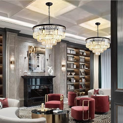 MSSIAN Modern Black Crystal Chandelier E14 Base 9 Lights,Small Flush Mount Chandelier Ideal Round Dimmable Pendant Lighting for Dining Room Living Room Bedroom Foyer Kitchen Island W60CM thumbnail 2