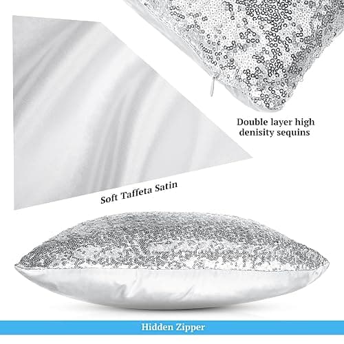 Irenare 4 Pcs Sequin and Fluffy Pillow Covers Winter Throw Pillow Cases Soft Cushion Cover for Couch Bed Sofa Xmas Day(18 x 18 Inch,White, Silver) thumbnail 4
