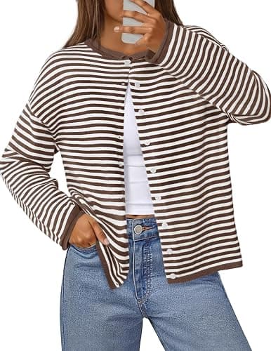 MEROKEETY Womens Striped Cardigan Sweaters 2026 Button Lightweight Long Sleeve Loose Knit Fall Sweater Clothes - Image 1