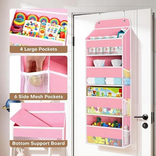Over the Door Organizer, 4 Large Pocket Hanging Storage with 40lb Capacity | Space Saving Behind Door Storage for Nursery, Bathroom, Bedroom and Closet, Baby Stuff and Toiletry Organizer, Pink thumbnail 4