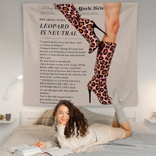 WNAGT Trendy Leopard Print Newspaper Tapestry Wall Hanging, Cheetah Room Decor, Modern Hot Girl Fashion Aesthetic Blanket Decor for Girls Room Dorm Apartment Office, 50x60 Inch thumbnail 3