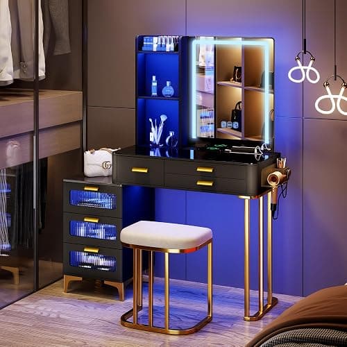 HNEBC Vanitys with HD Glass Display Table, Makeup Desk with Lighted Mirror and Charging Station, Dressing Table with RGB Lights,Jewelry Organizer,Cabinet,6Drawers,Chair for Women/Girls (Black) thumbnail 9