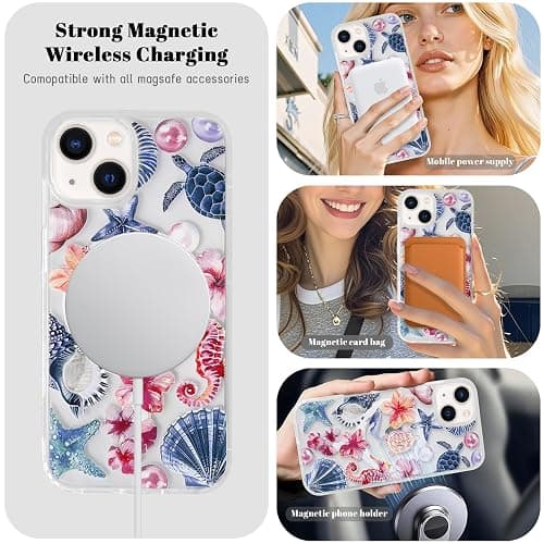 Lovmooful Magnetic Compatible with iPhone 13/14 Case Compatible with MagSafe Clear Ocean Cute Marine Life Seashell Design for Girls Women Soft TPU+PC Shockproof Protective Girly-Seahorse thumbnail 7