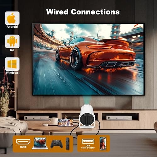 Mini Projector, HY300 PRO Portable Projector, Support 4K 1080P with Dual-Band WIFI6 5G Wireless 5.2 Bluetooth Android 13, 180° Rotatable, Auto Keystone Correction, 35"-130" Screen Video Projector thumbnail 4