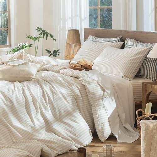 MooMee Striped Duvet Cover Set 100% Washed Cotton Linen Like Textured Breathable Durable Soft Comfy (Almond Milk Grey Classic Stripes, Queen 90"x90") thumbnail 5