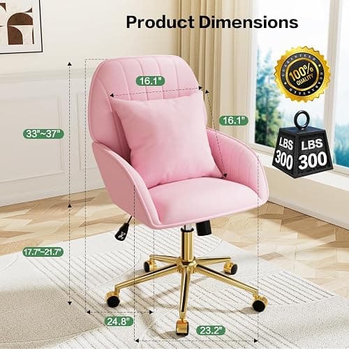 Pink Velvet Desk Chair with Pillow, Upholstered Home Office Desk Chair Makeup Vanity Chair with Swivel Wheels, Ergonomic Office Chair Computer Task Chair for Living Room, Bedroom thumbnail 3