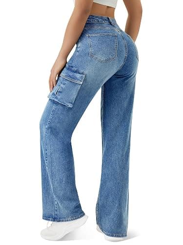 Women High Waisted Cargo Jean for Women with 6 Pockets Straight Wide Leg Jean Casual Baggy Pants thumbnail 2