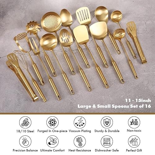 Gold Cooking Utensils Set - 18/10 Stainless Steel Small and Large Spoons Set, 16 PCS All Metal Kitchen Tools, Serving Utensils - Whisk, Masher, Fork, Tongs, Spatula, Turner, Ladle, Skimmer, Pasta thumbnail 4
