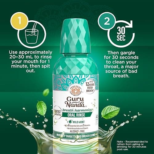 GuruNanda Fresh Breath Mouthwash, ADA-Accepted, Alcohol & Fluoride-Free, Sodium Chlorite, Essential Oils & Vitamins, 12-Hrs Fresh Breath, Wild Mint, 16 oz - 2 Pack thumbnail 6